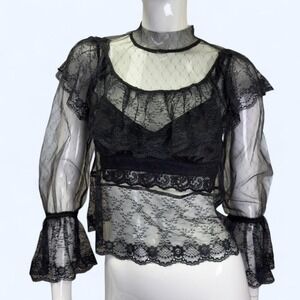 Black lace sheer blouse + satin bralette 2-piece set